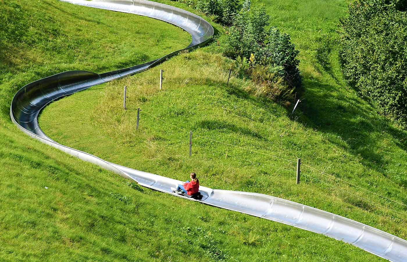 Eine Person, die mit dem Rodel die Sommerrodelbahn herunterfährt