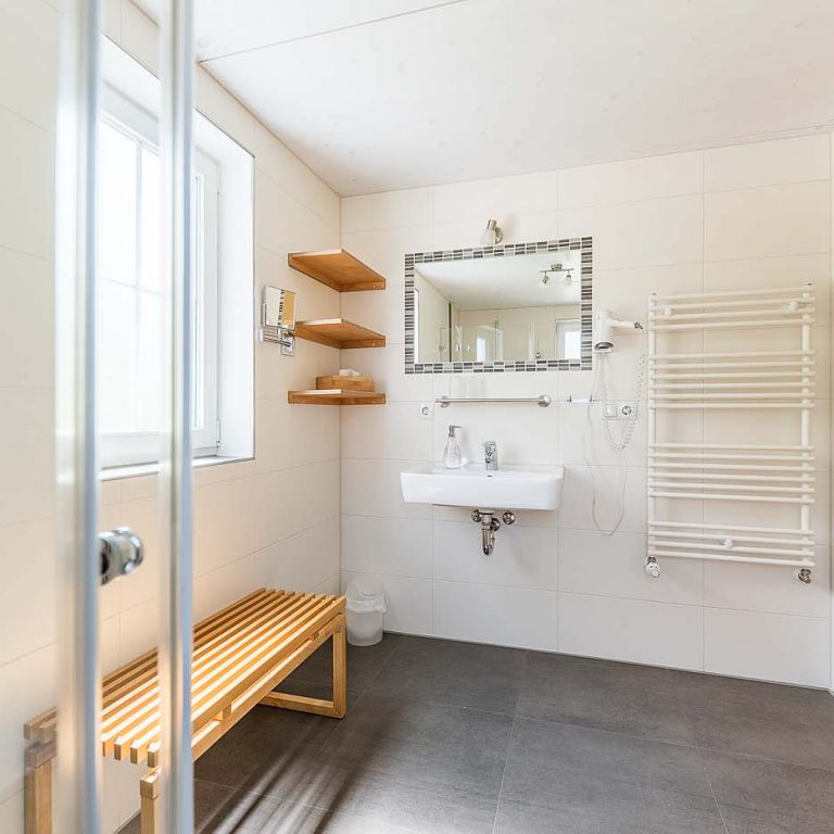 Dusche mit Spiegel, Duschkabine, Waschbecken und Sitzmöglichkeit