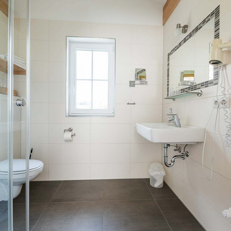 Duschkabine mit Waschbecken und Toilette