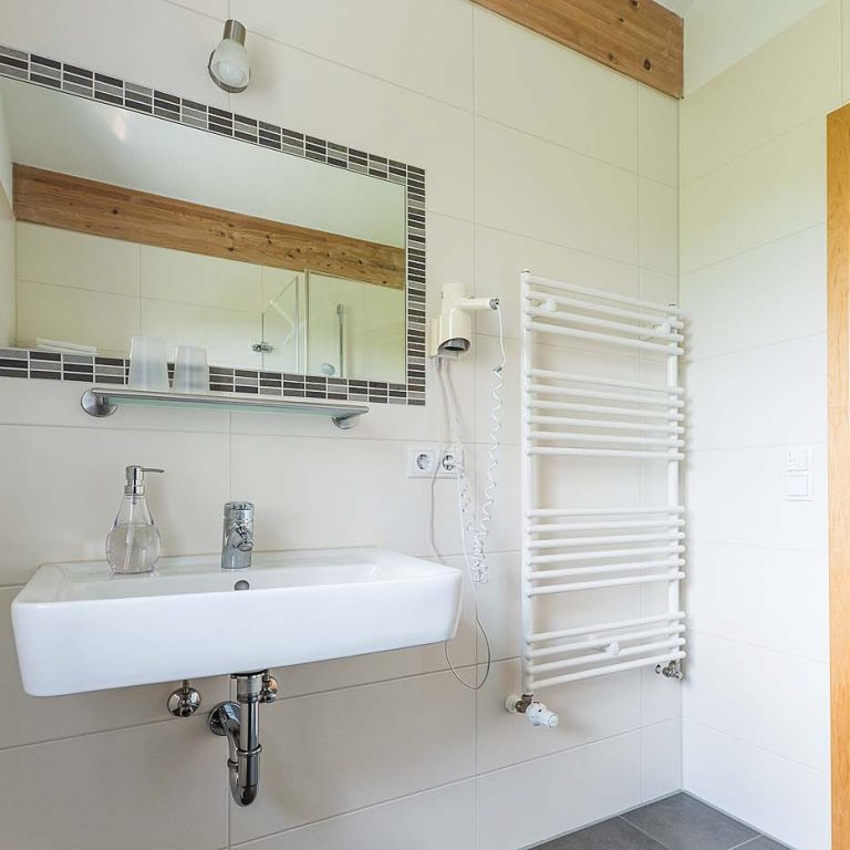 Spiegel mit Waschbecken in der Giebelwohnung