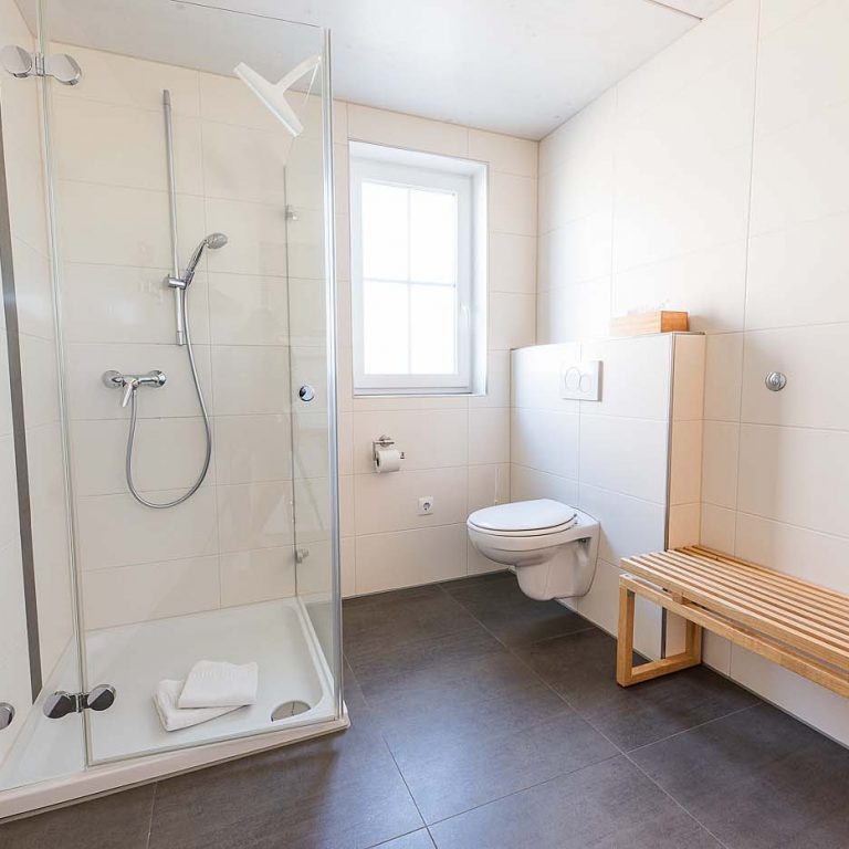 Badezimmer mit Dusche, Toilette und Sitzmöglichkeit